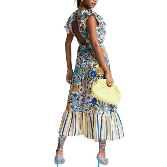 NEW - TOPSHOP Mix and Match Stripe and Floral Retro Midi Dress in Multi - Size 2 - Picture 7 of 16